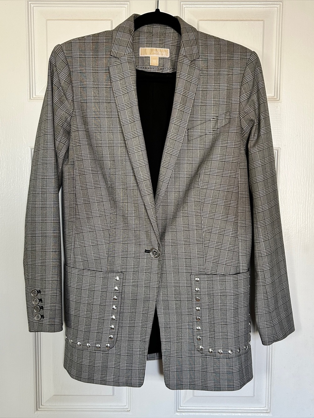 Michael Kors Gray Plaid Blazer with Studs on Pockets